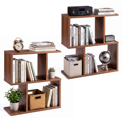 3-Tier Geometric Bookshelf Display Shelf Table, Set of 2, Walnut