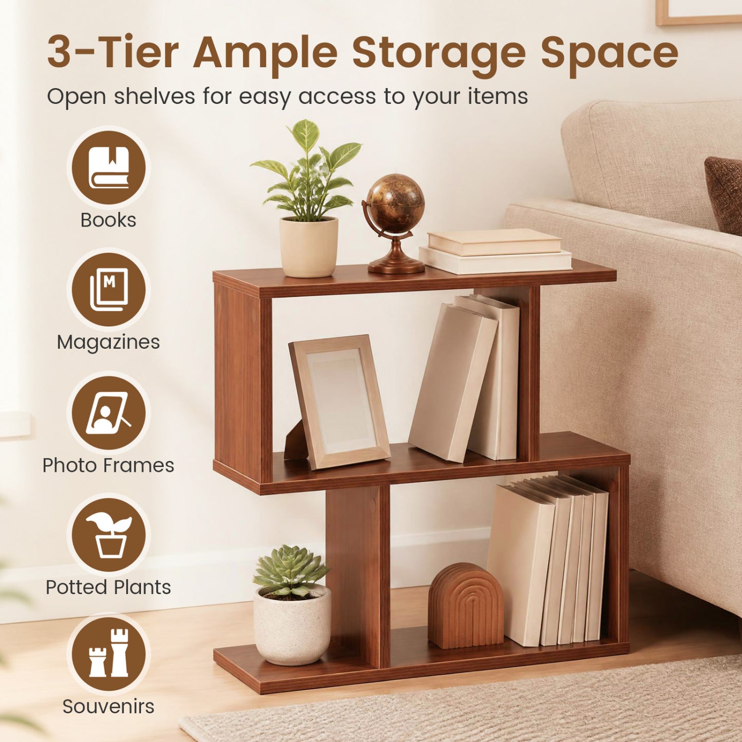3-Tier Geometric Bookshelf Display Shelf Table, Set of 2, Walnut