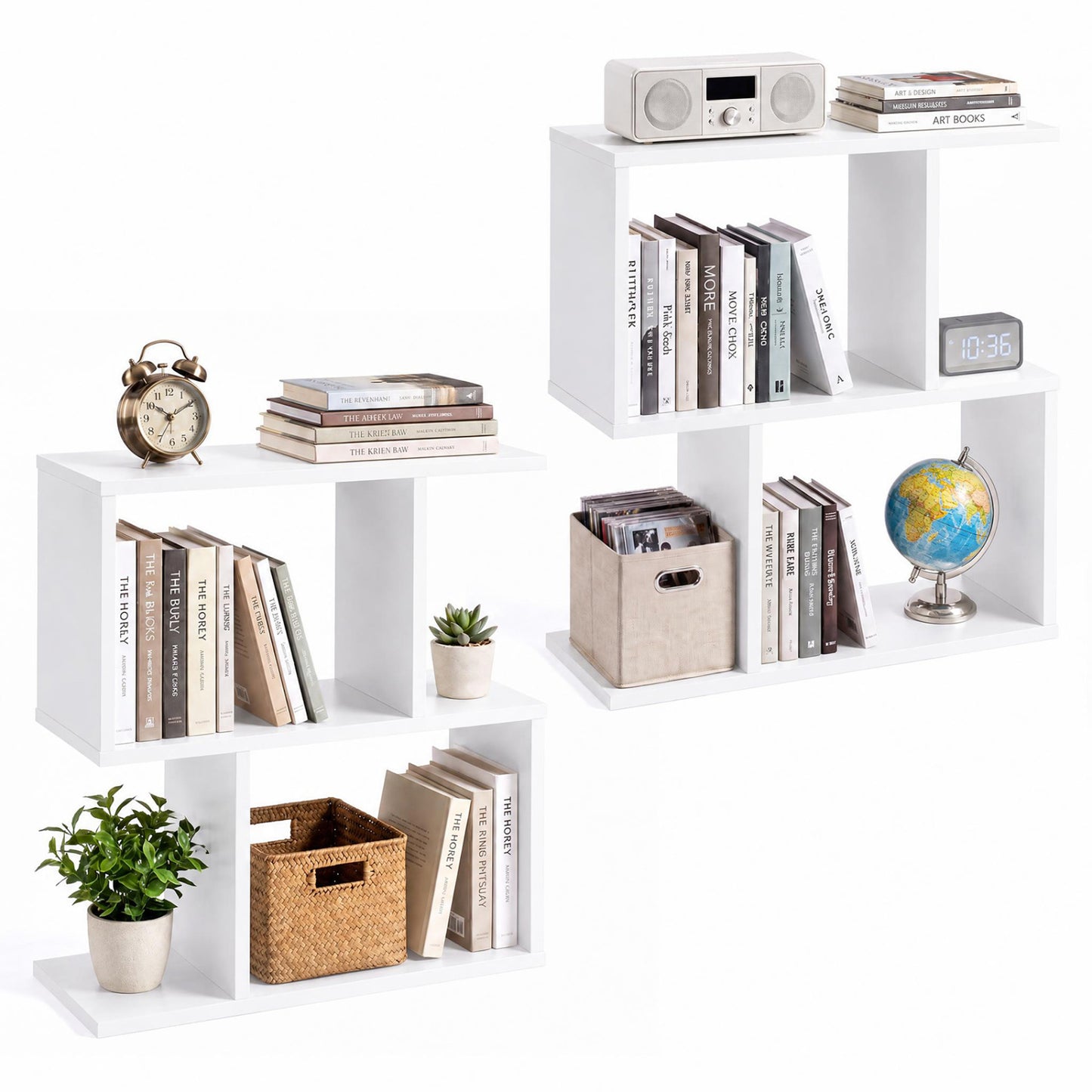 Bibliothèque géométrique, étagère de présentation, table d'appoint ensemble de 2, blanc