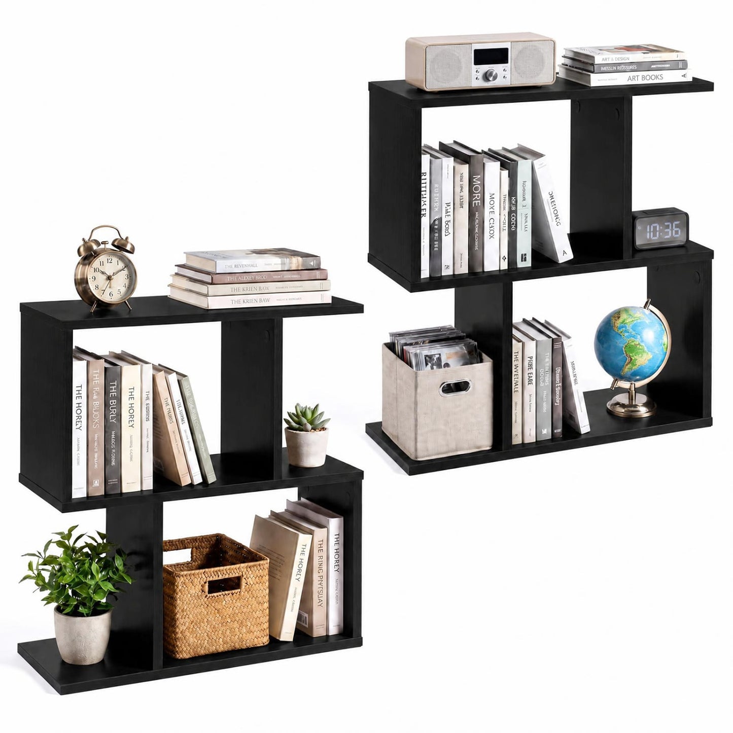 3-Tier Geometric Bookshelf, Display Shelf & Side Table, Black