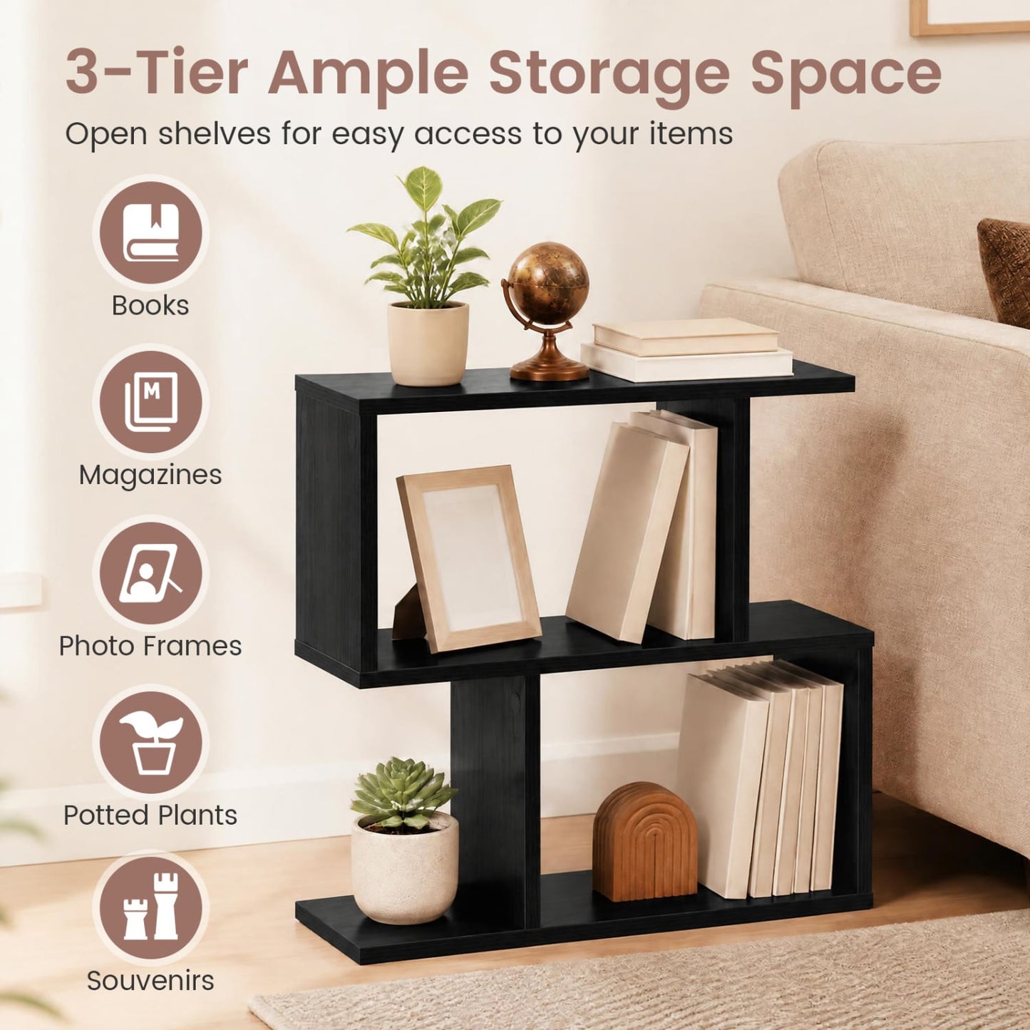 3-Tier Geometric Bookshelf, Display Shelf & Side Table, Black