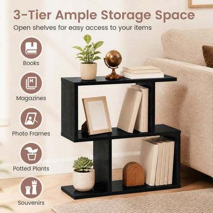 3-Tier Geometric Bookshelf, Display Shelf & Side Table, Black