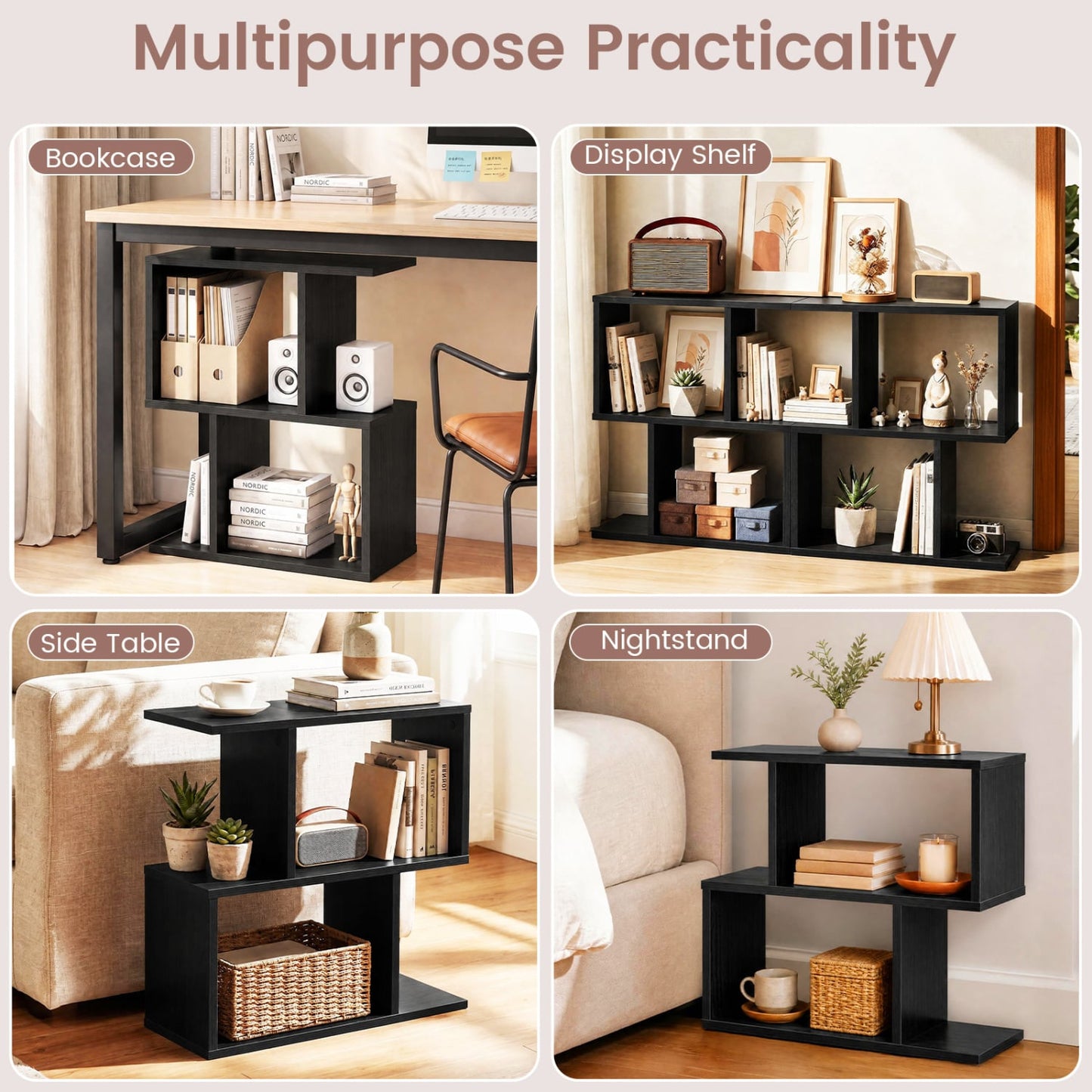 3-Tier Geometric Bookshelf, Display Shelf & Side Table, Black