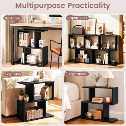 3-Tier Geometric Bookshelf, Display Shelf & Side Table, Black