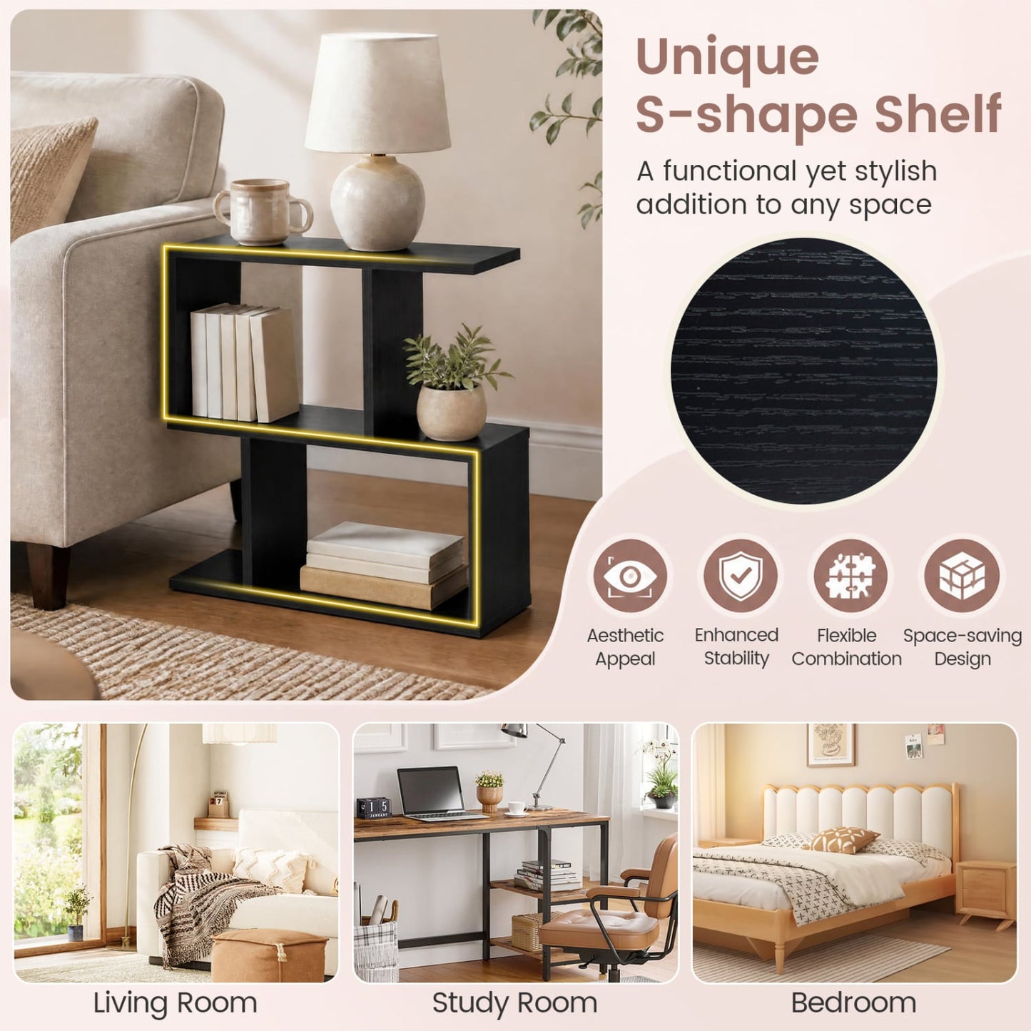 3-Tier Geometric Bookshelf, Display Shelf & Side Table, Black