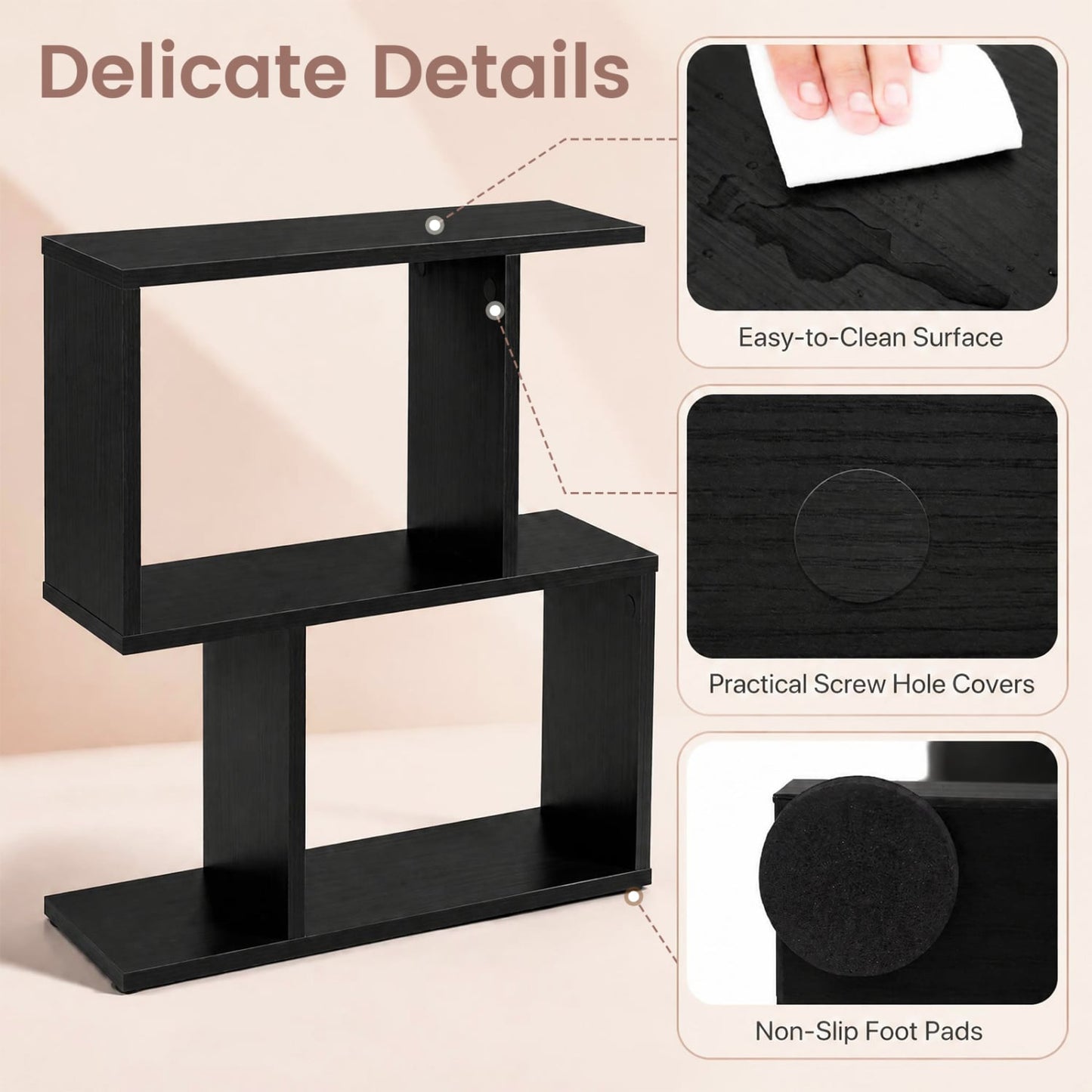3-Tier Geometric Bookshelf, Display Shelf & Side Table, Black