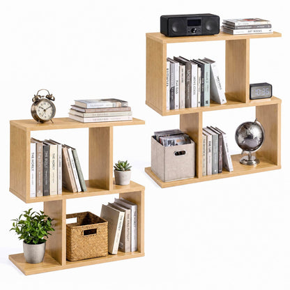 3-Tier Geometric Bookshelf Display Shelf Side Table Set of 2, Natural