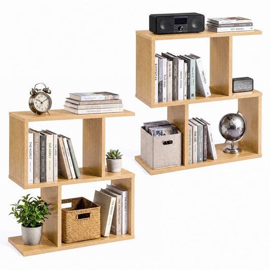 3-Tier Geometric Bookshelf Display Shelf Side Table Set of 2, Natural Bookcases at Gallery Canada