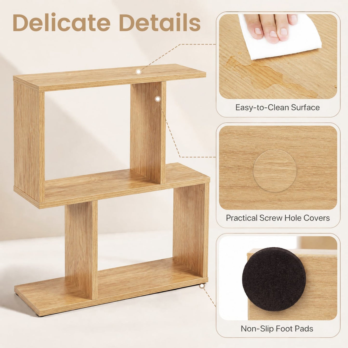 3-Tier Geometric Bookshelf Display Shelf Side Table Set of 2, Natural