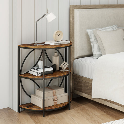 3-Tier Half Round End Table, Study Metal Frame, Brown