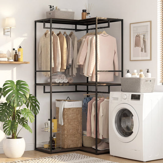 3-Tier Heavy Duty Clothes Rack with Shelves & Hanging Racks Clothing & Closet Storage Black + Brown at Gallery Canada