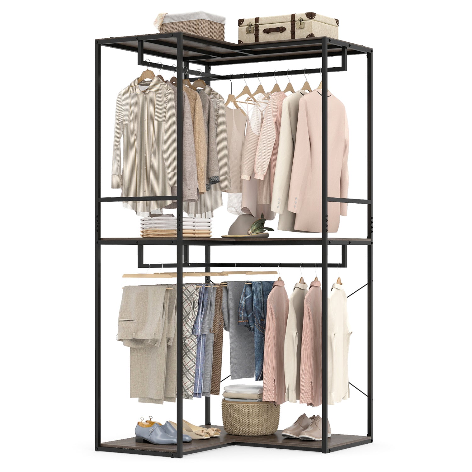 3-Tier Heavy Duty Clothes Rack with Shelves & Hanging Racks Clothing & Closet Storage Black + Brown at Gallery Canada