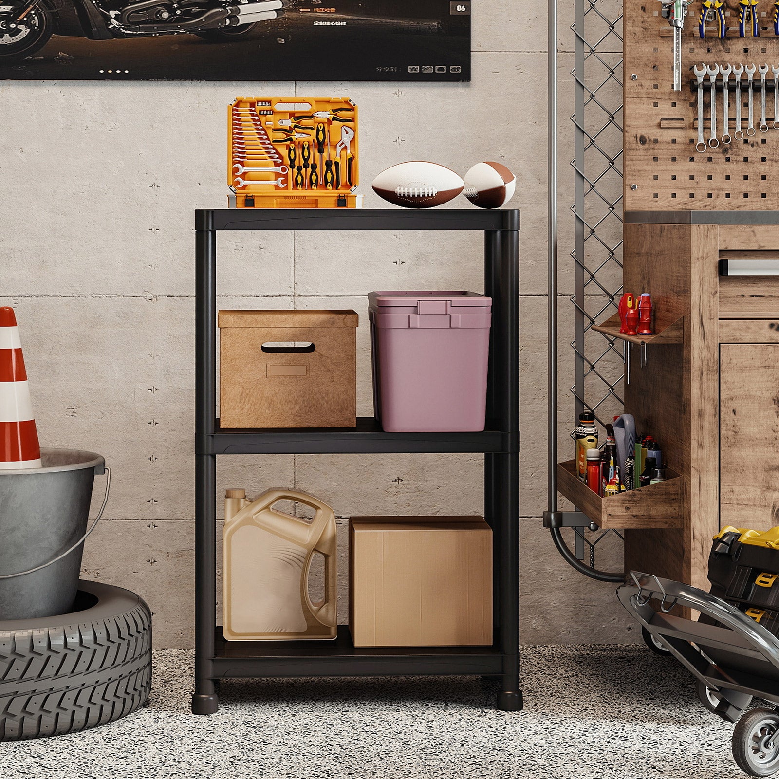 3-Tier Plastic Storage Shelves, Freestanding Garage Shelving Unit, Black Garages at Gallery Canada