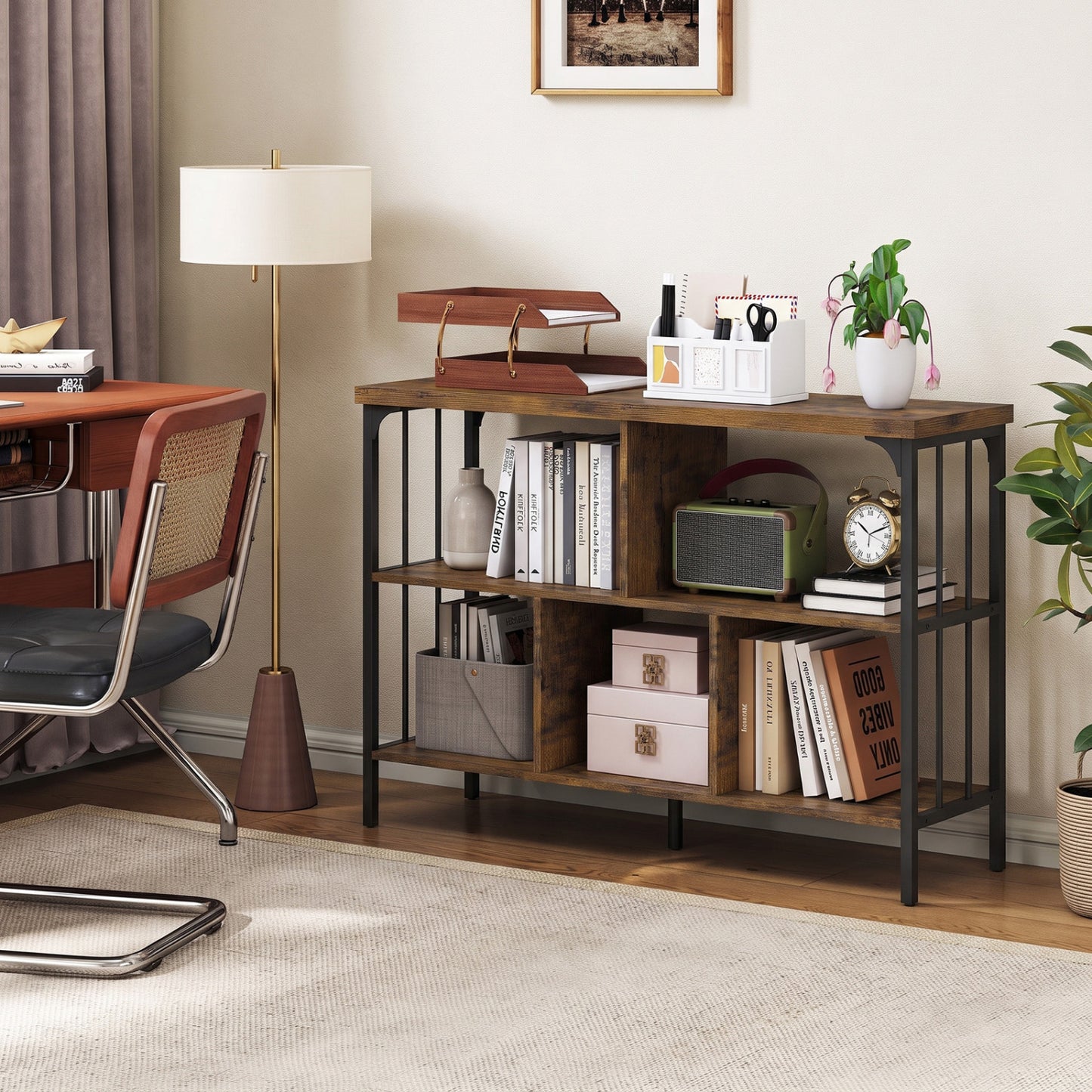 3-Tier Horizontal Bookshelf, Rustic Brown