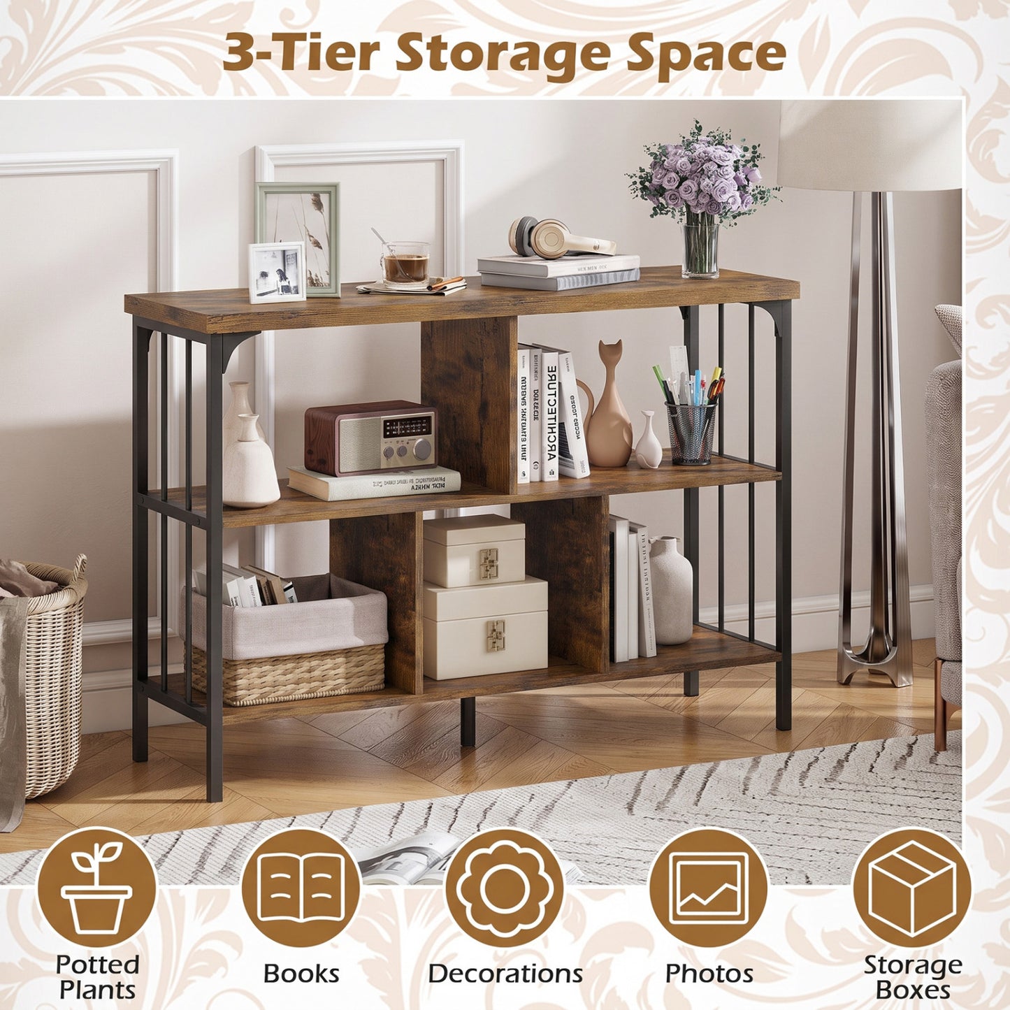 3-Tier Horizontal Bookshelf, Rustic Brown