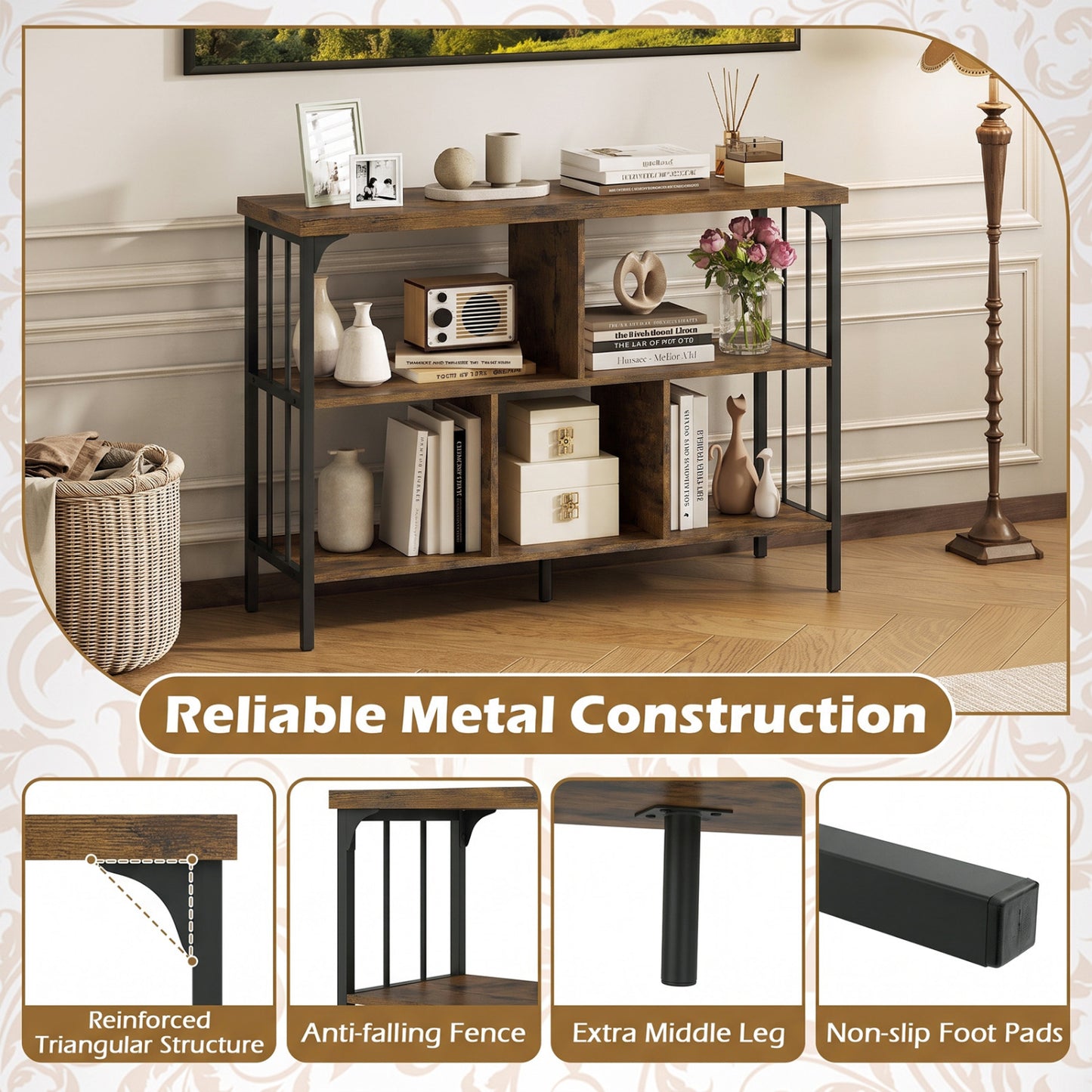 3-Tier Horizontal Bookshelf, Rustic Brown
