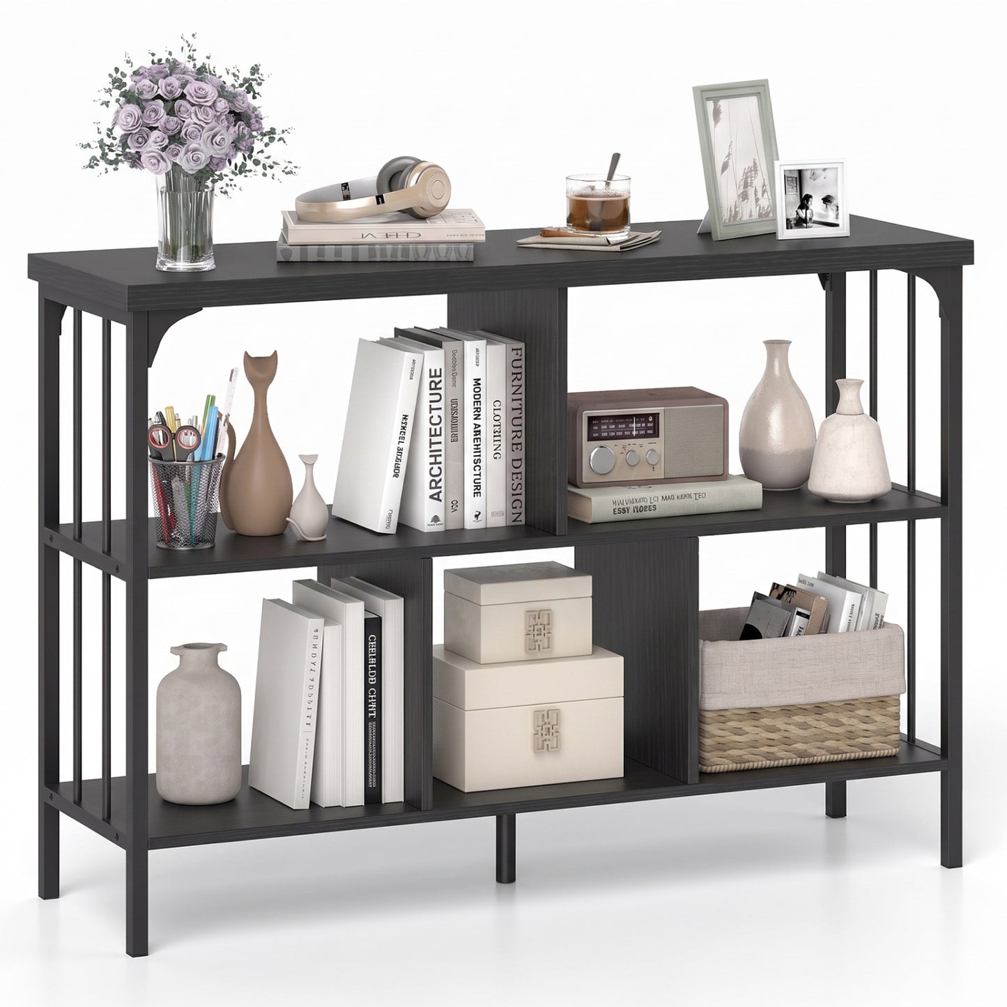 3-Tier Cubby Bookshelf, Open Shelves, Black
