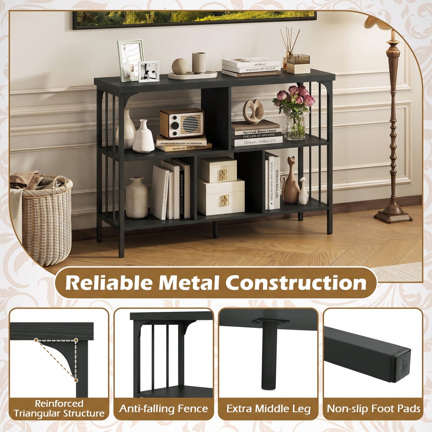 3-Tier Cubby Bookshelf, Open Shelves, Black