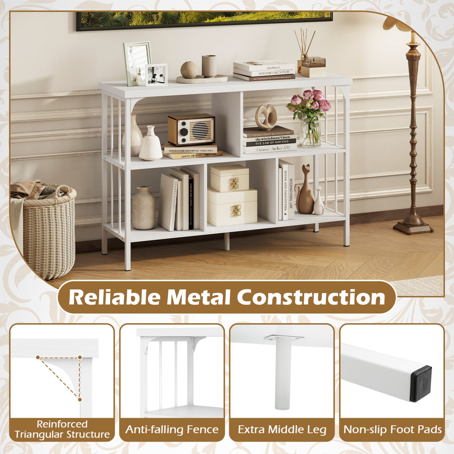 3-Tier Horizontal Cubby Bookshelf, White