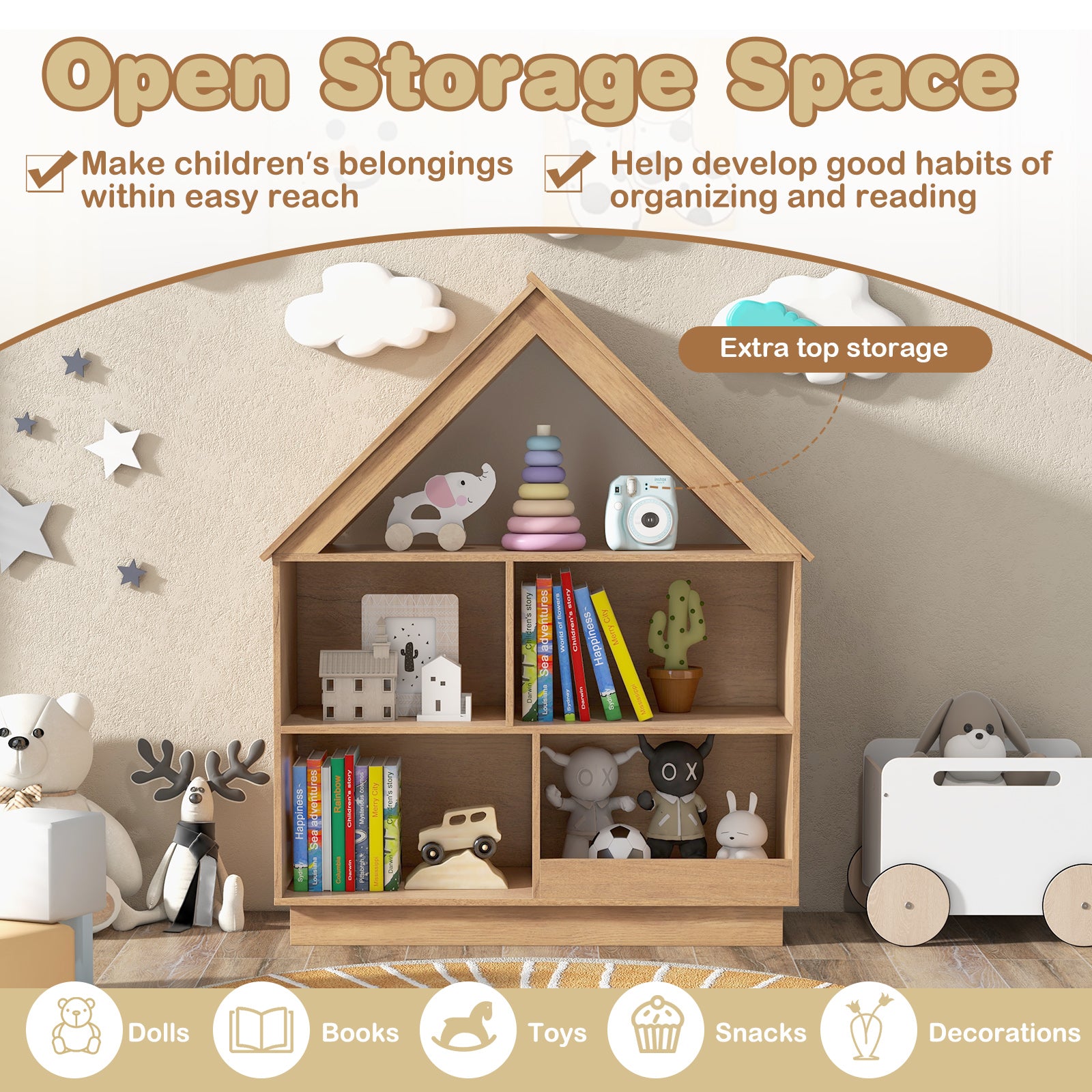 3-Tier House-Shaped Toy Storage Organizer with Open Shelves, Natural Kids Storage at Gallery Canada