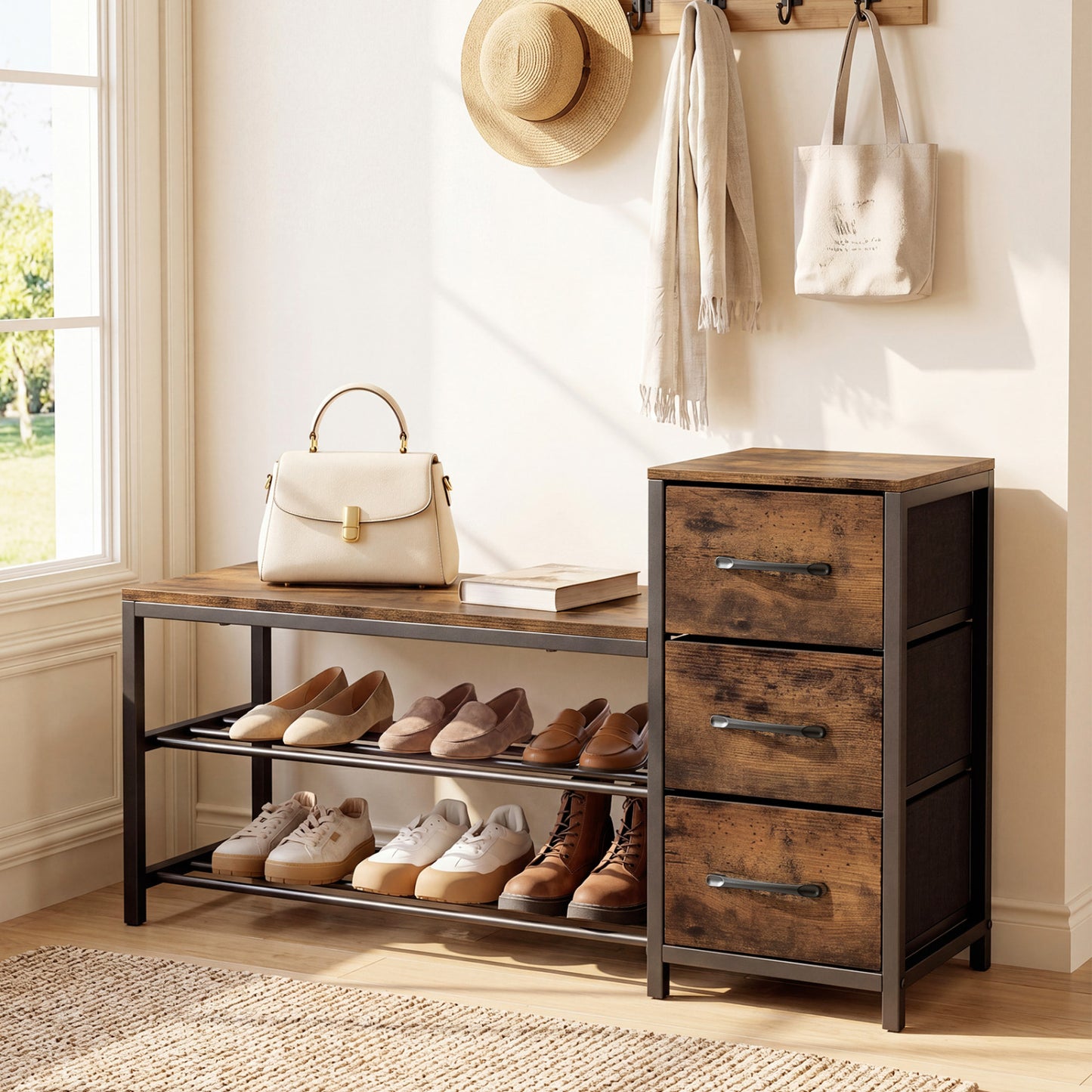 3-Tier Industrial Shoe Bench with 3 Removable Fabric Drawers and Anti-toppling Kits, Rustic Brown Shoe Racks & Storage Benches at Gallery Canada