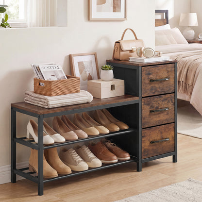 3-Tier Industrial Shoe Bench with 3 Removable Fabric Drawers and Anti-toppling Kits, Rustic Brown Shoe Racks & Storage Benches at Gallery Canada