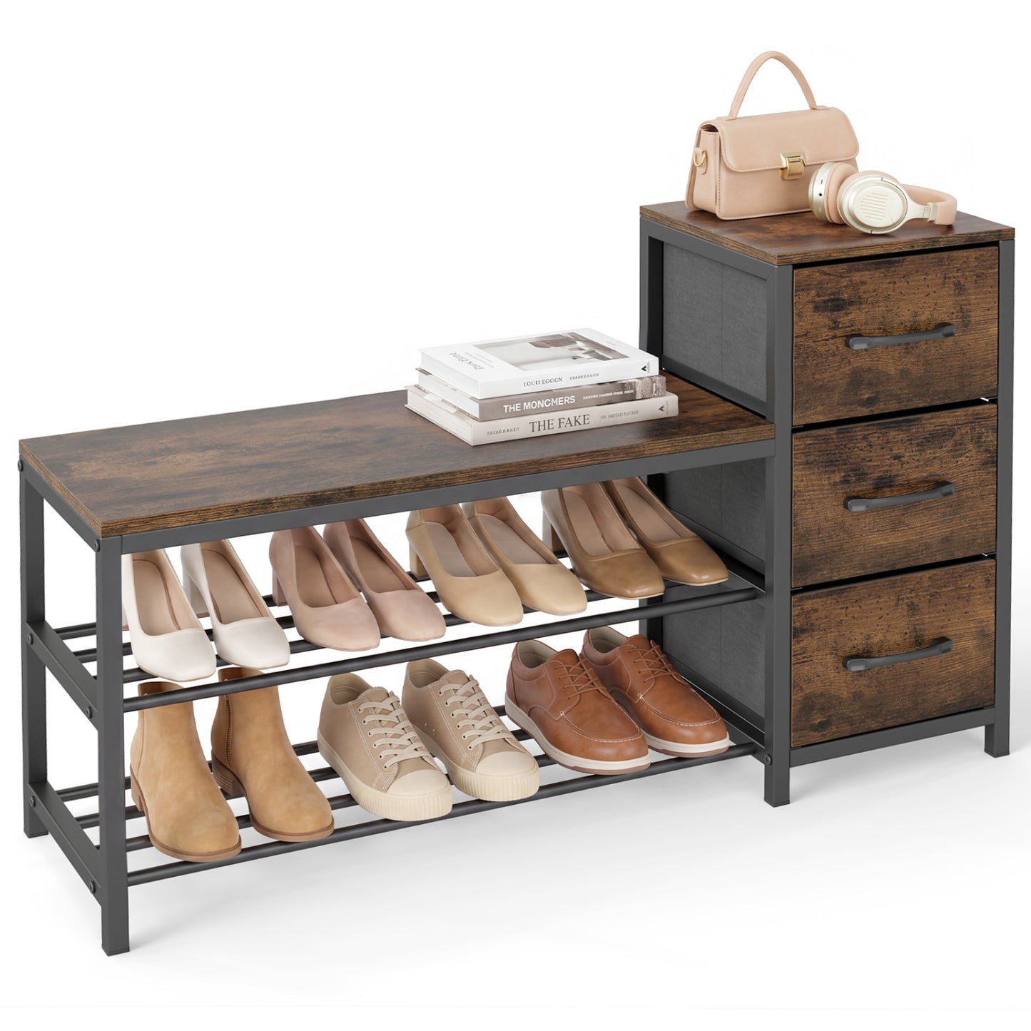3-Tier Industrial Shoe Bench with 3 Removable Fabric Drawers and Anti-toppling Kits, Rustic Brown Shoe Racks & Storage Benches Rustic Brown at Gallery Canada