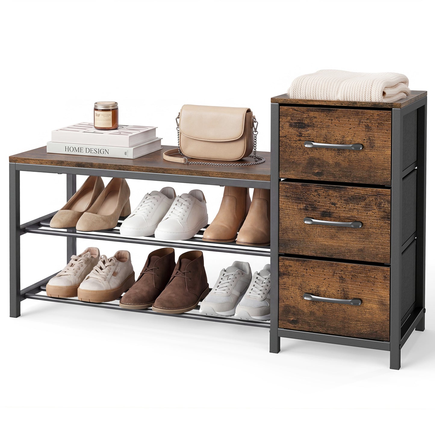 3-Tier Industrial Shoe Bench with 3 Removable Fabric Drawers and Anti-toppling Kits, Rustic Brown Shoe Racks & Storage Benches at Gallery Canada