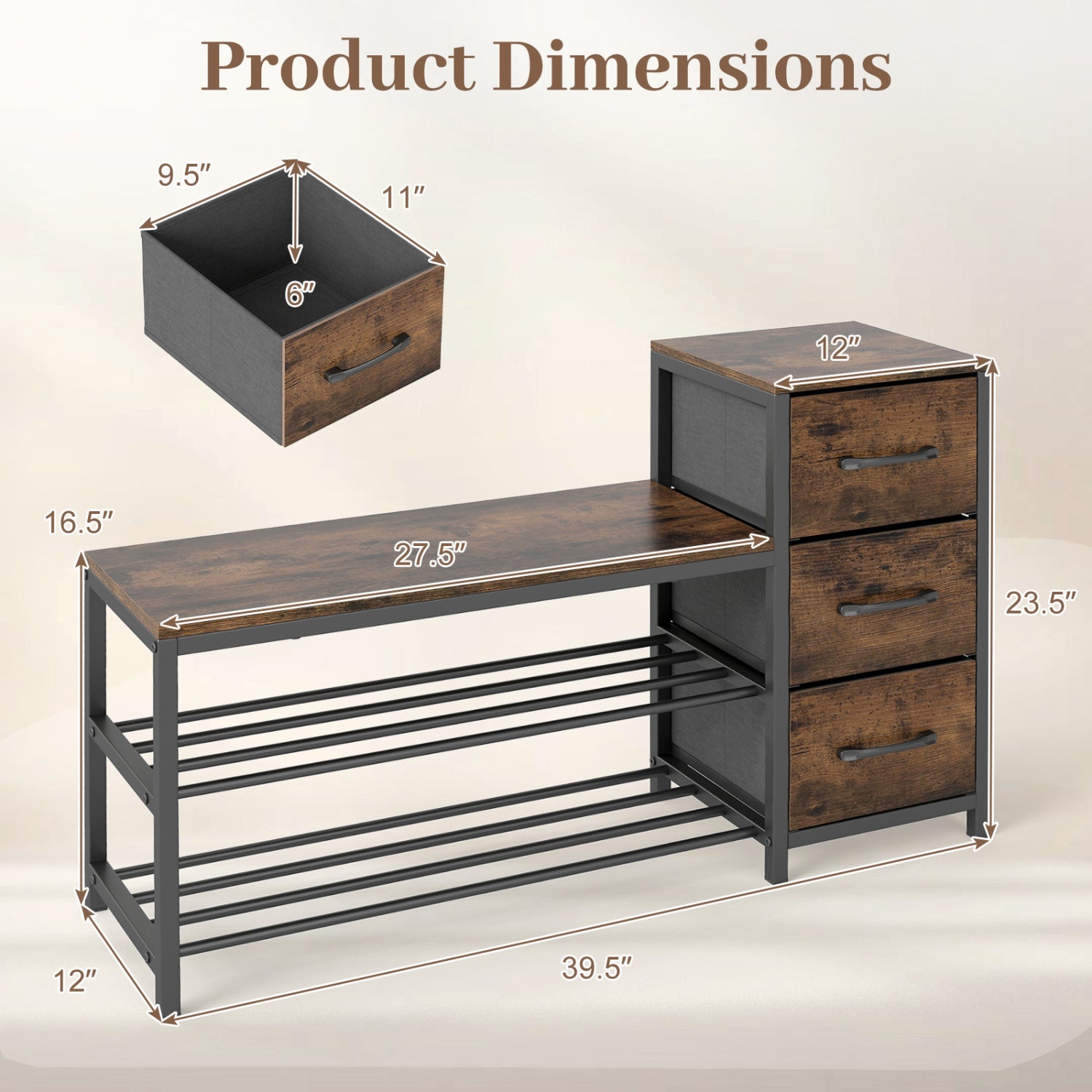 3-Tier Industrial Shoe Bench with 3 Removable Fabric Drawers and Anti-toppling Kits, Rustic Brown Shoe Racks & Storage Benches at Gallery Canada