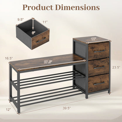 3-Tier Industrial Shoe Bench with 3 Removable Fabric Drawers and Anti-toppling Kits, Rustic Brown Shoe Racks & Storage Benches at Gallery Canada