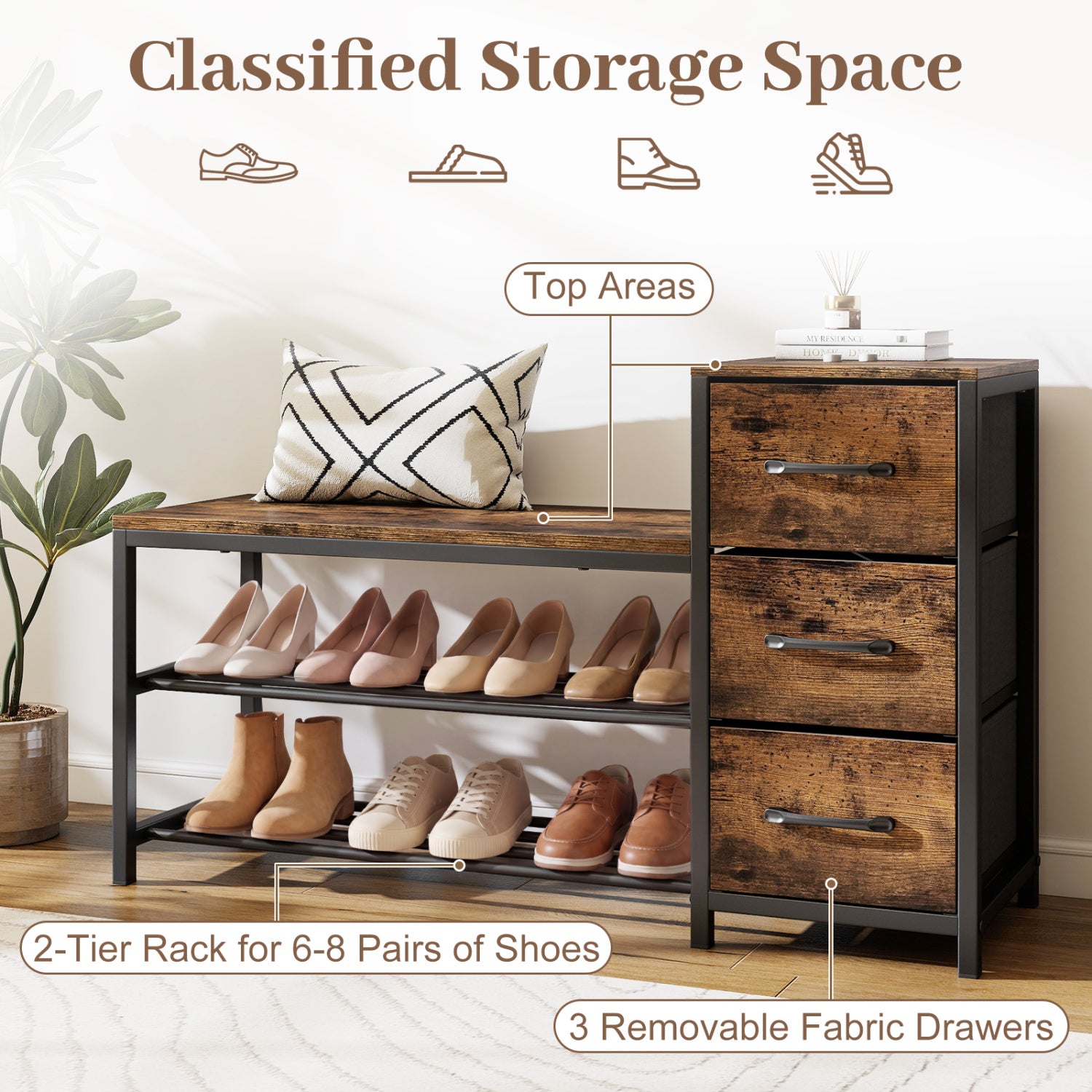 3-Tier Industrial Shoe Bench with 3 Removable Fabric Drawers and Anti-toppling Kits, Rustic Brown Shoe Racks & Storage Benches at Gallery Canada