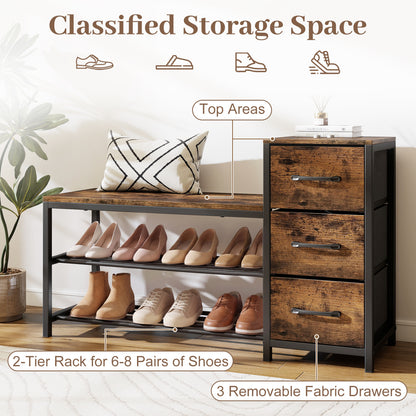 3-Tier Industrial Shoe Bench with 3 Removable Fabric Drawers and Anti-toppling Kits, Rustic Brown Shoe Racks & Storage Benches at Gallery Canada