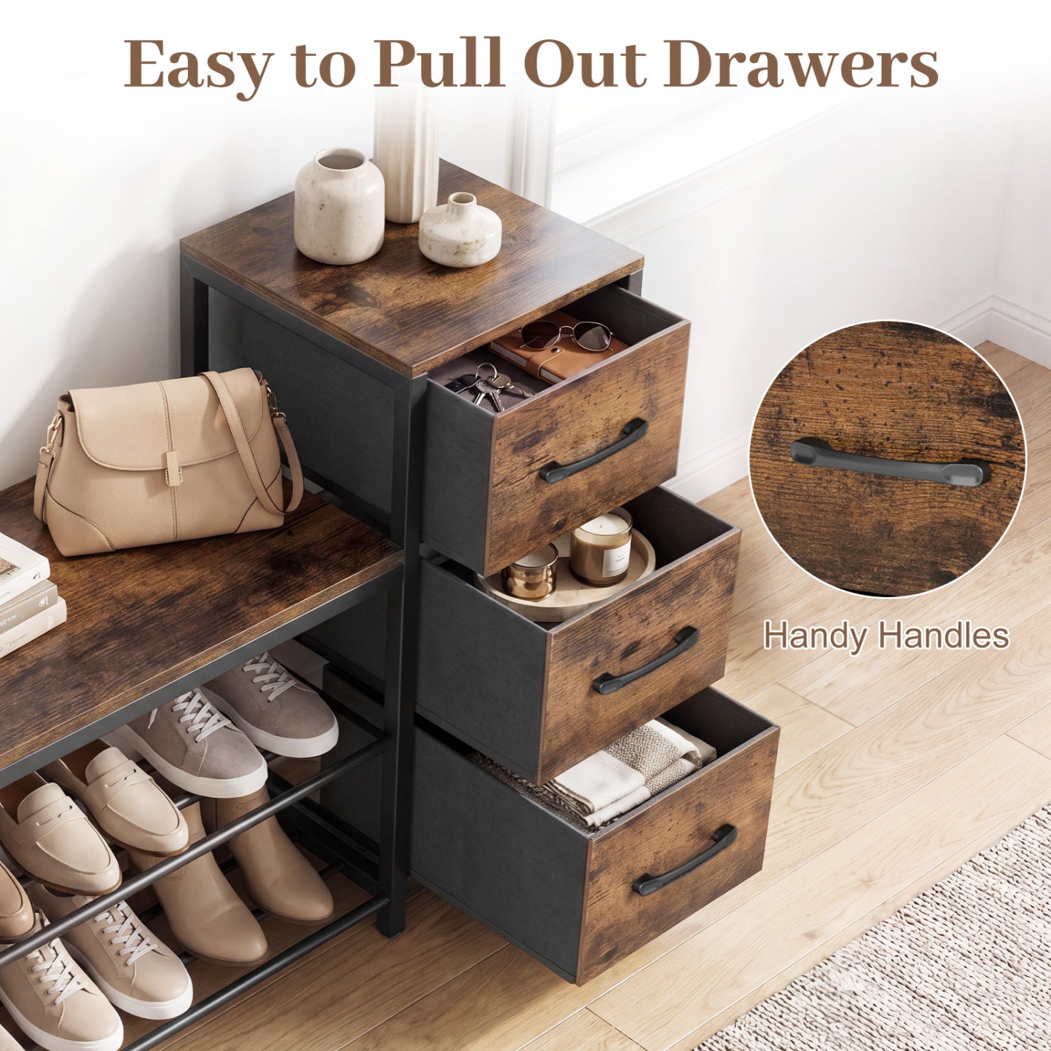 3-Tier Industrial Shoe Bench with 3 Removable Fabric Drawers and Anti-toppling Kits, Rustic Brown Shoe Racks & Storage Benches at Gallery Canada