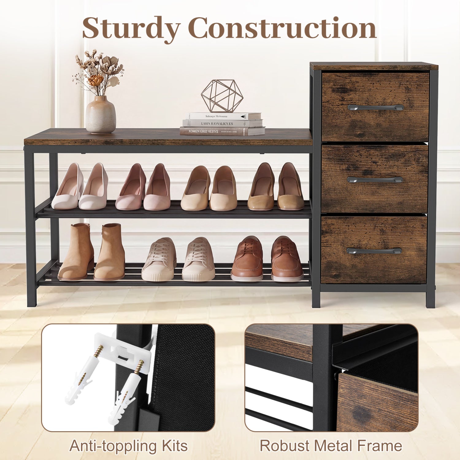 3-Tier Industrial Shoe Bench with 3 Removable Fabric Drawers and Anti-toppling Kits, Rustic Brown Shoe Racks & Storage Benches at Gallery Canada