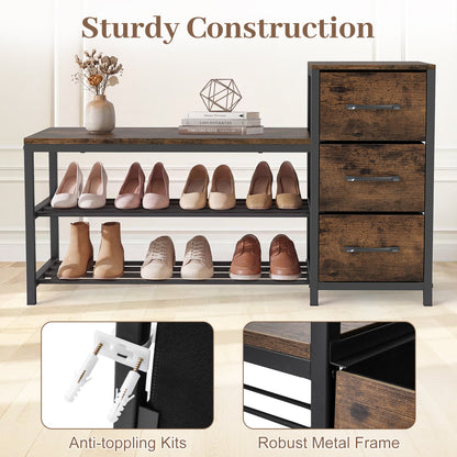 3-Tier Industrial Shoe Bench with 3 Removable Fabric Drawers and Anti-toppling Kits, Rustic Brown Shoe Racks & Storage Benches at Gallery Canada