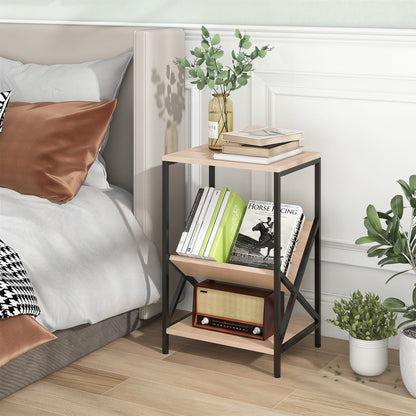 3-Tier Industrial Side Table with V-shaped Bookshelf for Living Room, Natural