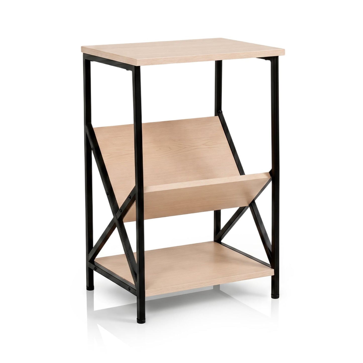 3-Tier Industrial Side Table with V-shaped Bookshelf for Living Room, Natural