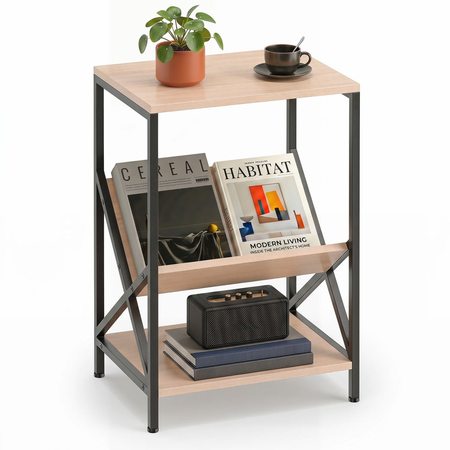 3-Tier Industrial Side Table with V-shaped Bookshelf for Living Room, Natural
