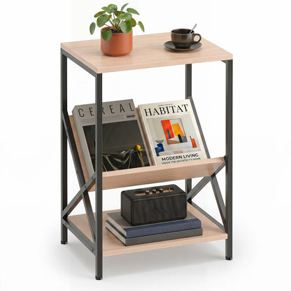 3-Tier Industrial Side Table with V-shaped Bookshelf for Living Room, Natural