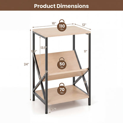 3-Tier Industrial Side Table with V-shaped Bookshelf for Living Room, Natural