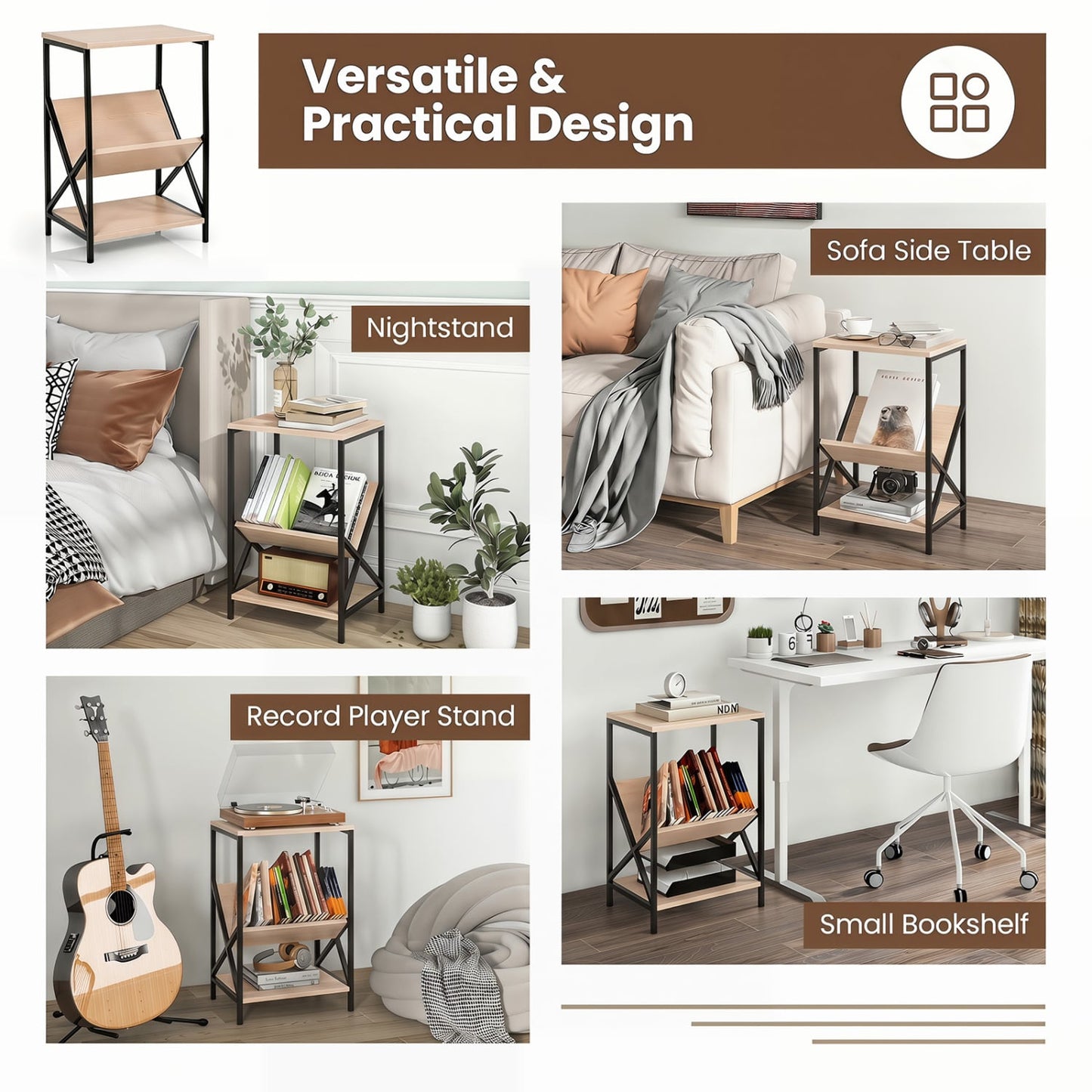 3-Tier Industrial Side Table with V-shaped Bookshelf for Living Room, Natural