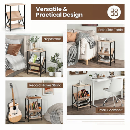 3-Tier Industrial Side Table with V-shaped Bookshelf for Living Room, Natural