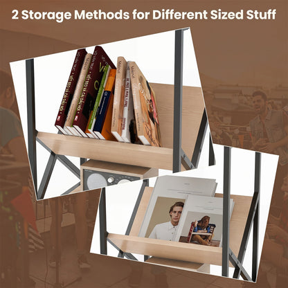 3-Tier Industrial Side Table with V-shaped Bookshelf for Living Room, Natural