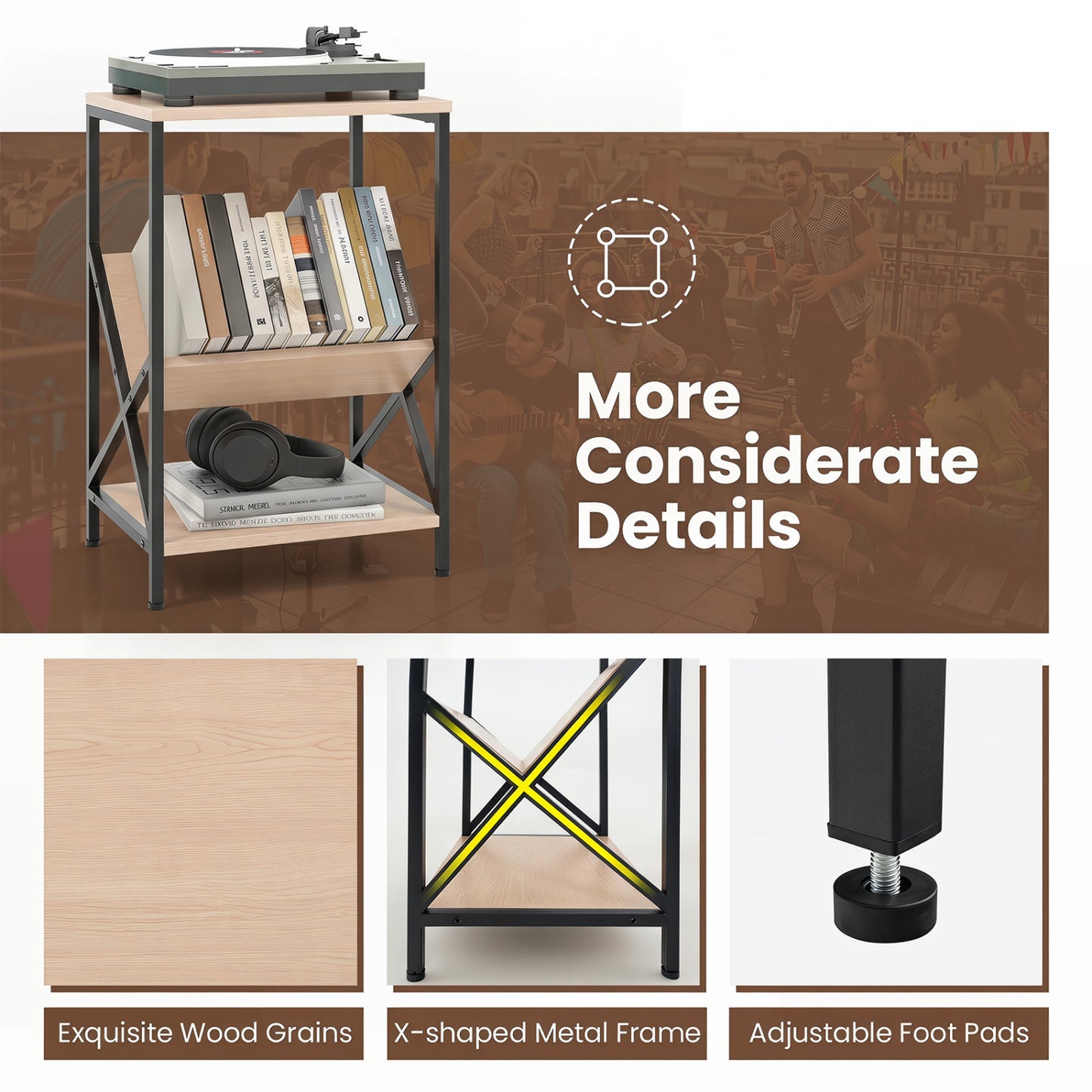 3-Tier Industrial Side Table with V-shaped Bookshelf for Living Room, Natural