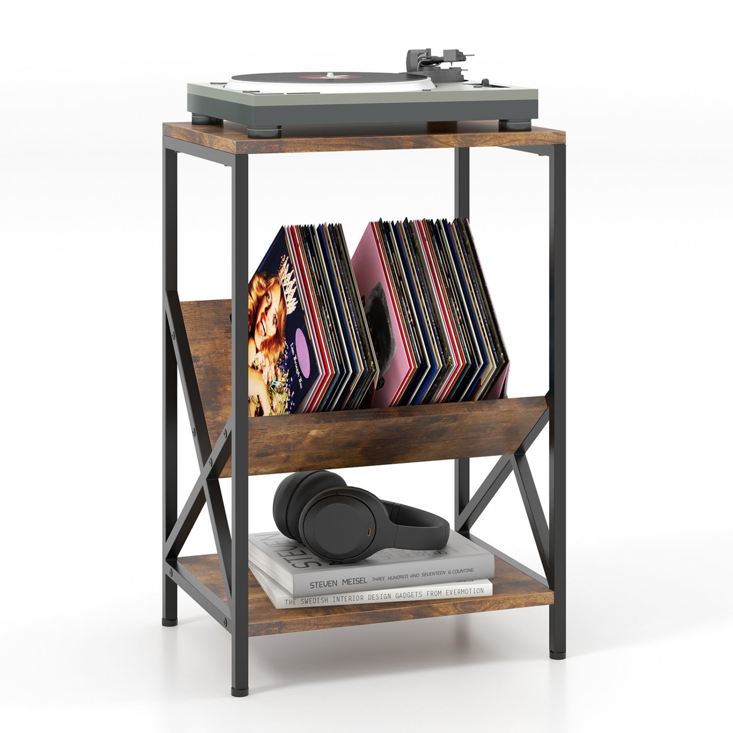 3-Tier Industrial Side Table, V-Shaped Bookshelf, Rustic Brown End & Side Tables at Gallery Canada