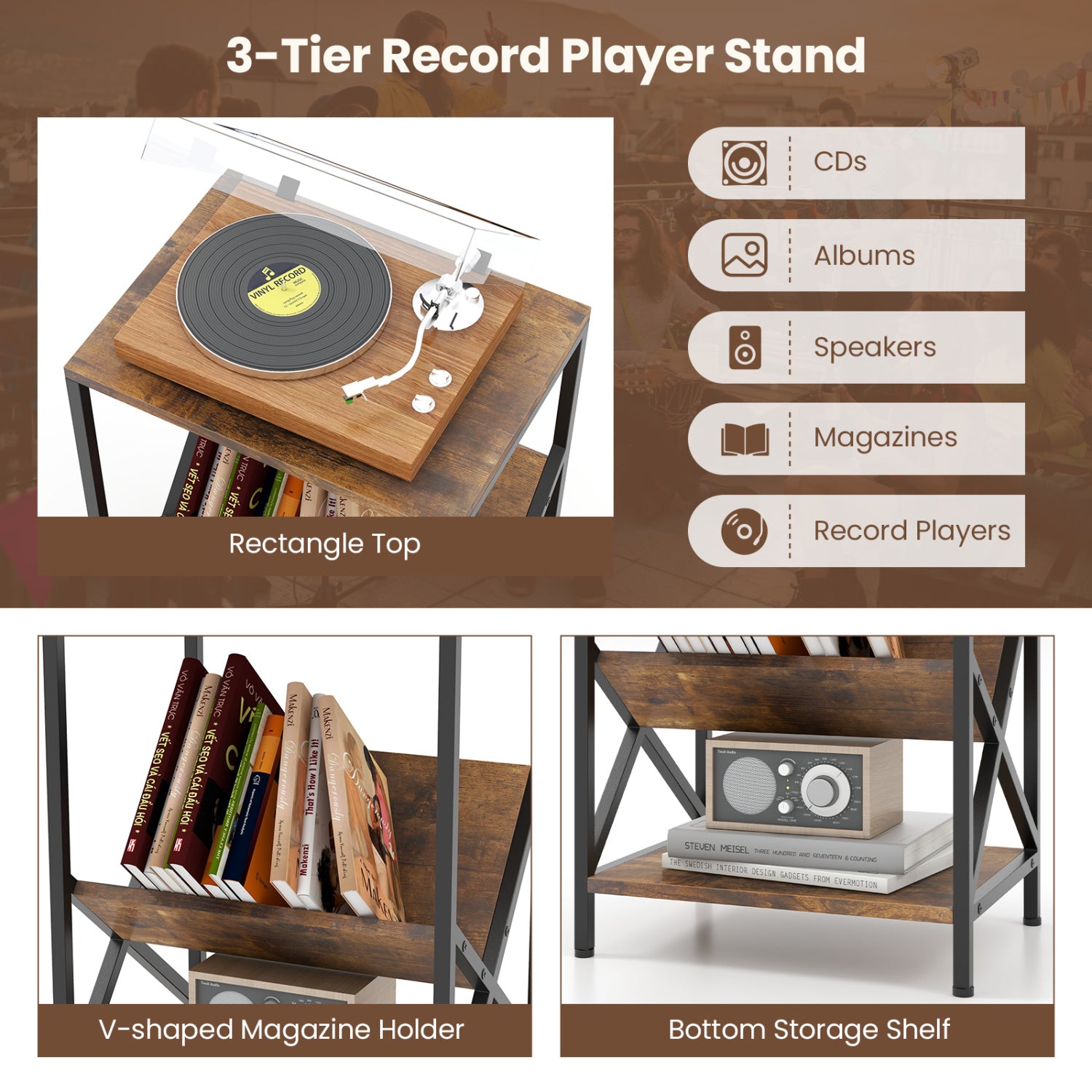 3-Tier Industrial Side Table, V-Shaped Bookshelf, Rustic Brown End & Side Tables at Gallery Canada