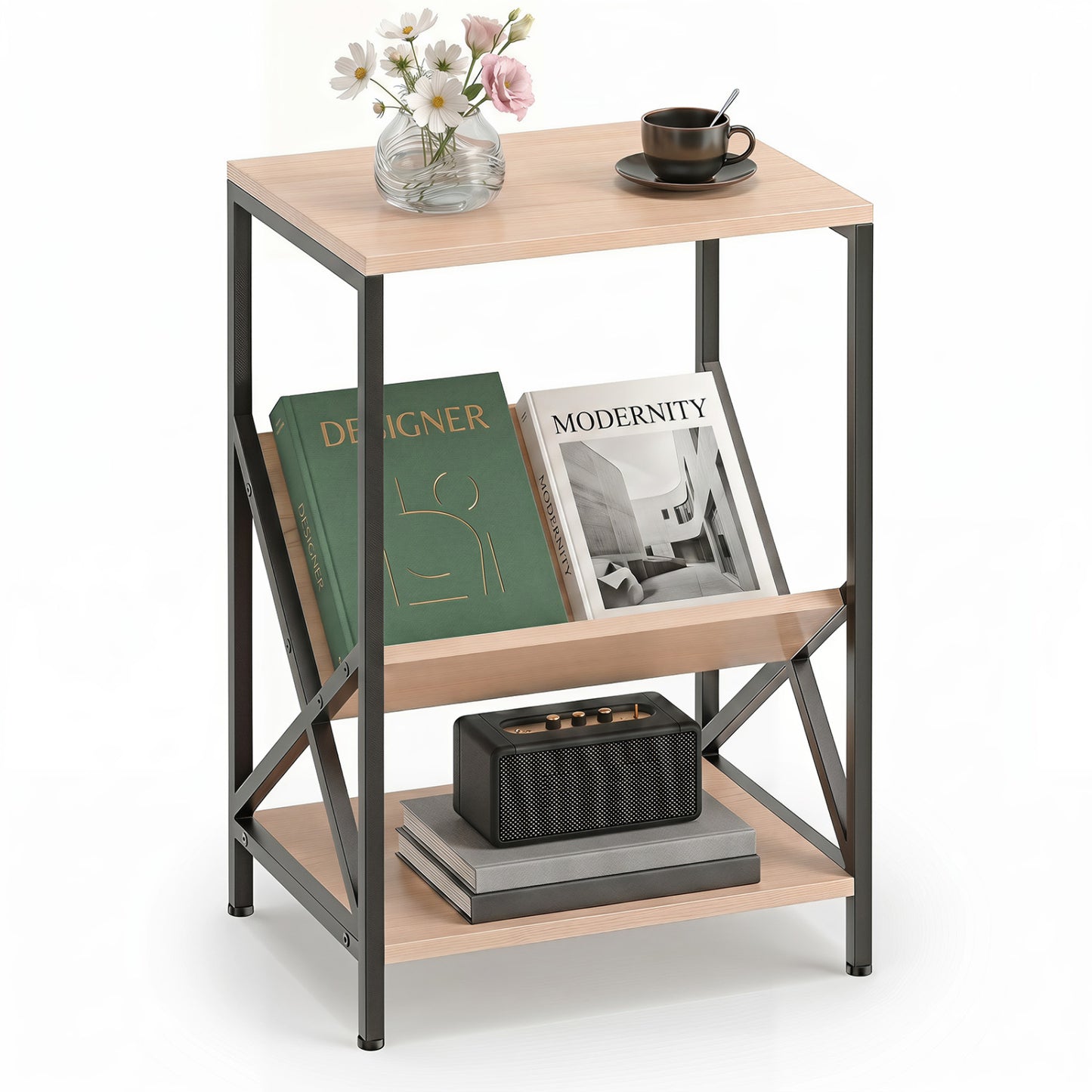3-Tier Industrial Side Table with V-shaped Bookshelf for Living Room, Natural End & Side Tables at Gallery Canada
