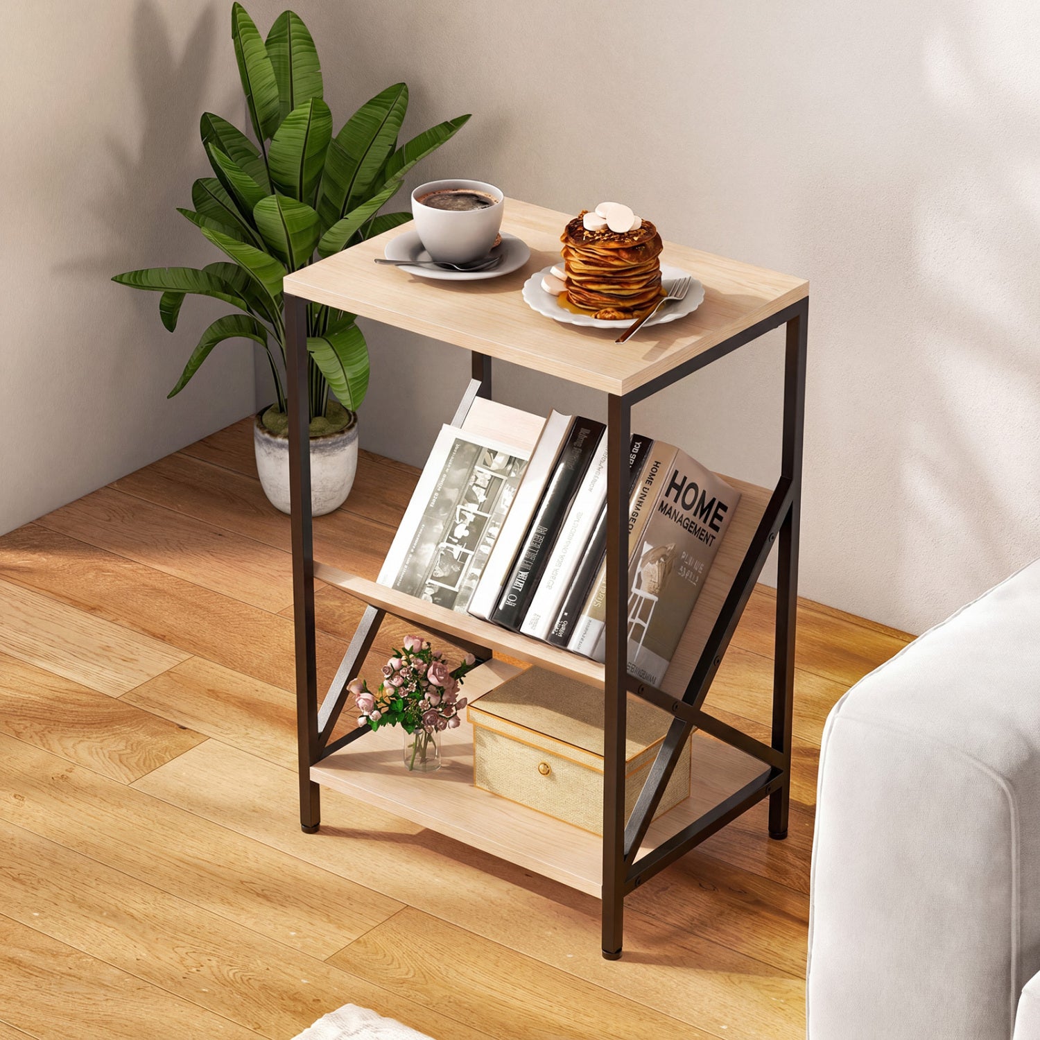 3-Tier Industrial Side Table with V-shaped Bookshelf for Living Room, Natural End & Side Tables at Gallery Canada