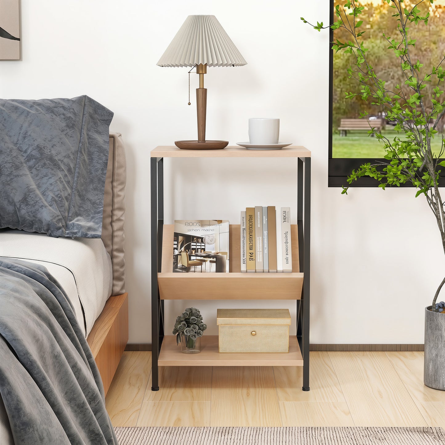 3-Tier Industrial Side Table with V-shaped Bookshelf for Living Room, Natural End & Side Tables at Gallery Canada