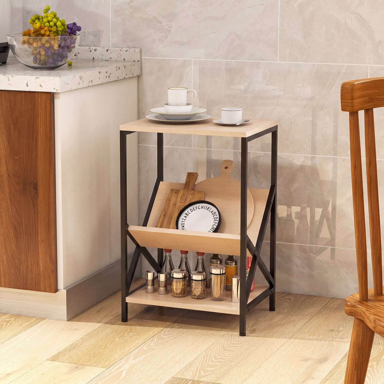 3-Tier Industrial Side Table with V-shaped Bookshelf for Living Room, Natural End & Side Tables at Gallery Canada